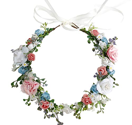 Vivivalue Bridal Floral Headband Rose Flower Crown Hair Wreath Floral Headpiece Halo Boho with Ribbon Wedding Party Photos - color: 52