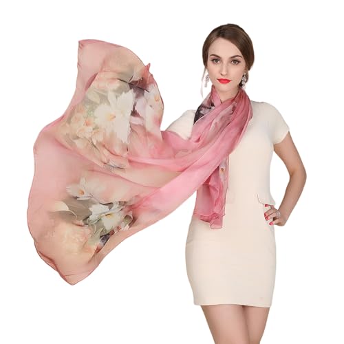 100% Mulberry Silk Women's Neck Silk Scarf-Lightweight Shawl,FLoral Print Beach Silk Wrap-Scarves for Photography - color: Dark Pink Lily