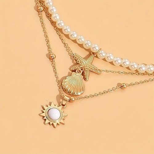 Shell Starfish Necklace for Women Pearl Beach Boho Layered Necklace Charm Accessories Summer Vacation Outfit 2026 - color: B9:starfish shell charm necklace