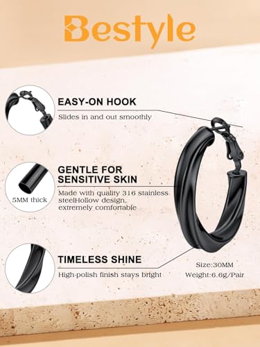 Bestyle 5mm Thick Gold Hoop Earrings Hypoallergenic Hoops for Sensitive Ears Trendy Lightweight Chunky Earrings for Women 30/40/60/80mm - color: 02-Black, size: 30mm