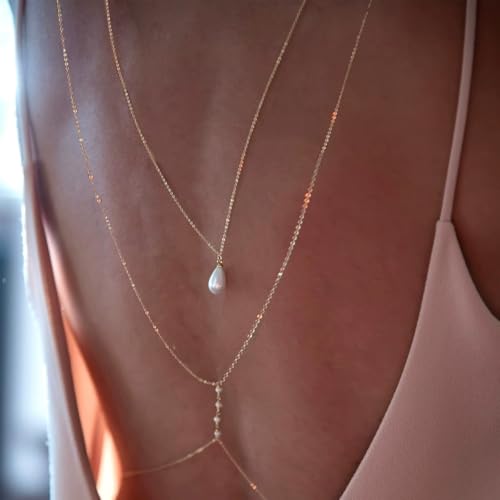 MODRSA Gold Body Chain Jewelry for Women Back Necklace for Backless Dress Backdrop Pearl Rhinestone Belly Chain Waist Chains Bra Chains Lingerie Summer Bikini Bodychain Trendy Sexy Stomach Jewelry - color: B2- Back Jewelry -Pearl only gold