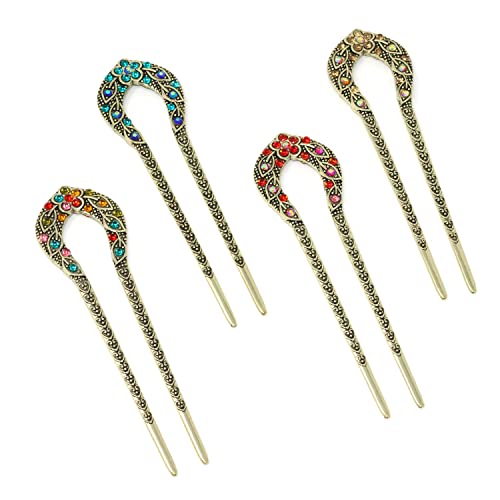 yueton 4PCS U Shaped Alloy Rhinestone Hair Sticks Vintage Double Prong Hair Sticks Retro Hair Chopsticks Hair Forks Hairpins Hair Pins Chignon Pins Long Hair Decorations Hair Styling Pins for Buns