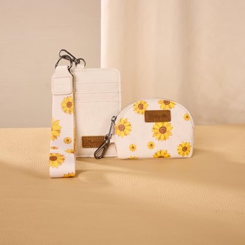 Wrangler KeyChain Wristlet Wallets for Women Sunflower Floral Dual Pouch Wristlet Western Credit Card Holder Wallet with Zipper Pocket - color: Sunflower Tan