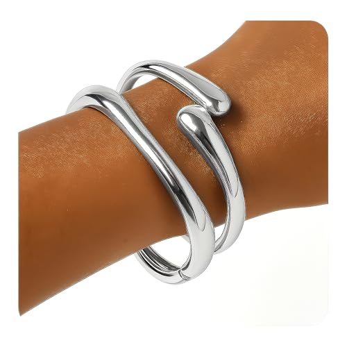 PEALICIOUS 2Pcs Chunky Bracelet for Women, Girls Gold Bangle Bracelet 7in Minimalist Silver Chunky Bangles Prom Gifts, Trendy Gold Arm Cuff Upper Arm Band, Stack Bead Prom Accessories Summer Jewelry - style: Silver chunky bangle