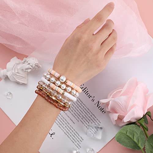 Colorful Heishi Surfer Bracelets Set for Women Stackable Clay Beaded Bracelets Disc Stretch Preppy Bracelets Smiley Face Friendship Bracelets Team Cheer Bulk Boho Summer Beach Jewelry Gift - color: Pearl Beads