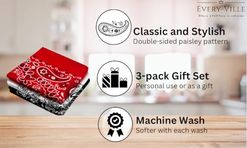 Classic Paisley Bandanas - 3 Pack Gift Set, 100% Cotton, 22x22 Inches - color: Red White Black
