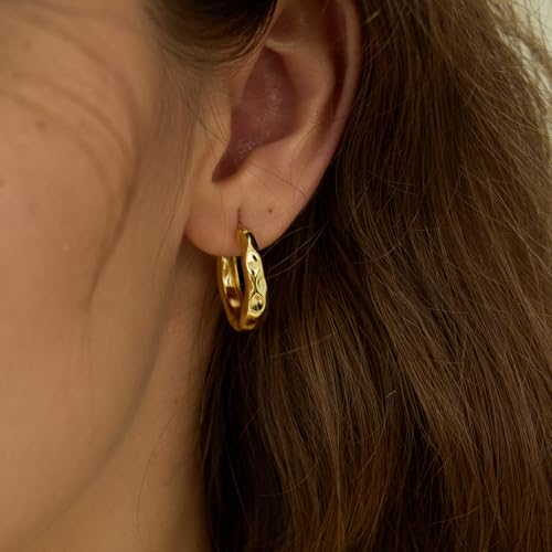 ARSIS Mix & Match 18K Gold-Plated Hoop Earrings for Women, Hypoallergenic, 925 Sterling Silver Posts, Organic Textured Design, Lightweight Hoops in Gold/Silver/Rose Gold, Jewelry Gift for Her - color: Gold-20mm, size: 20mm