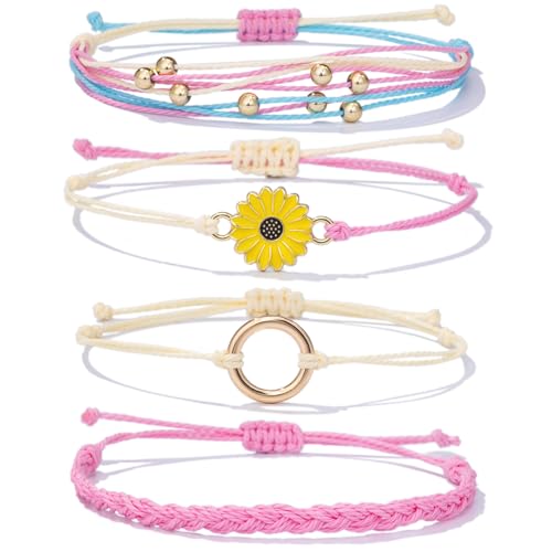 Sunflower Friendship Bracelets Boho Stackable String Bracelets Cute Trendy Gifts for Teen Girls Women - color: Pink