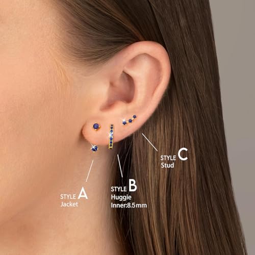 3 Pairs Dainty Small 4th of July Earrings for Women Trendy, Birthstone Stud Huggie Hoop Jacket Stack for Cartilage Helix, Gold Plated Hypoallergenic Cute Women Fashion Accessories Western Jewelry Gifts - color: 09Blue Created Sapphire-Sept (Gold)