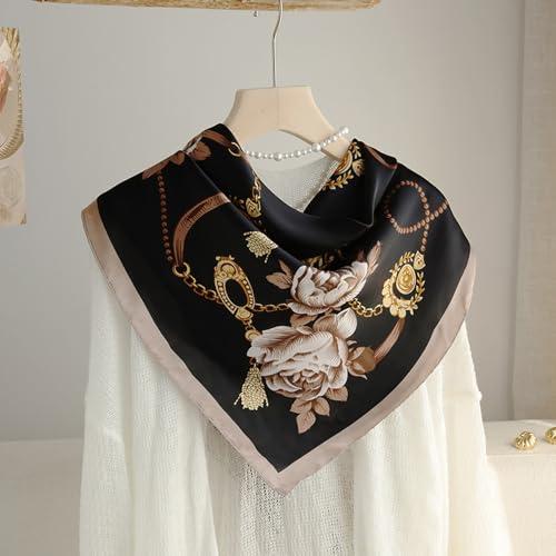 CHUNG Women's Scarf Hair Bandanas Square 27.5" Satin Wrap Fashion Pattern Scarves Emulation Silk Handbag Ribbons Necktie - color: Black Flower-30#