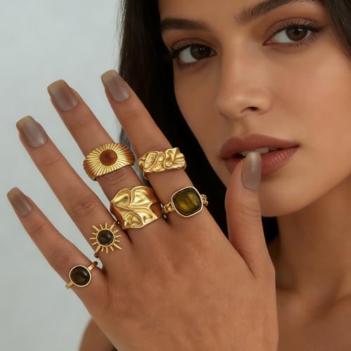 Chunky Gold Rings Set for Women Stackable Statement Ring Sets Non Tarnish Adjustable Open Knuckle Rings Irregular Gold Jewelry Set Trendy Prom Outfits Accessories - color: gold2
