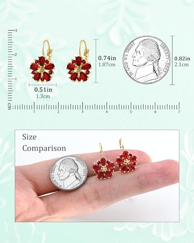 Vintage 14K Gold Plated Flower Birthstone Earrings - Hypoallergenic Leverback Floral Earrings, Trendy Jewelry Gifts for Women - color: Ruby