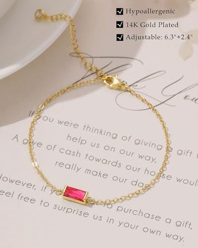 FUNEIA Birthstone Gold Bracelets for Women Non Tarnish Trendy Dainty 14K Gold Plated Bracelet Stack Stackable Blue Green May Emerald Friendship Bracelets Jewelry Gifts for Mom Best Friend - color: 07. July(Ruby)