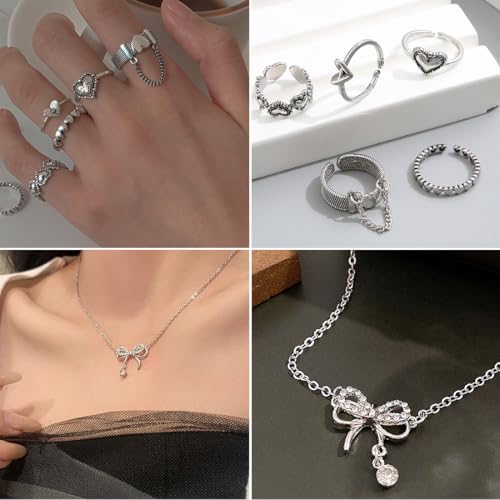 47pcs Gold Jewelry Set With 3 PCS Necklace, 11 PCS Bracelet,20pcs Hoop Stud Earrings,7pcs rings set For Women For Birthday Gifts - color: Silver