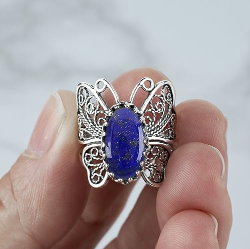 Filigranist Sterling Silver Filigree Art Butterfly Women Cocktail Ring with Gemstones - color: Lapis Lazuli