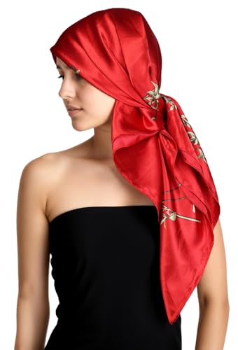 vabovin Satin Head Scarf for Women Silk Like Hair Scarf, 35 x 35 in | Silk Feel Fabric, Hair Wrap for Sleeping, Headscarf and Neck Scarf, Square Bandana Style, Fashion Accessory - color: 039 Red Peony