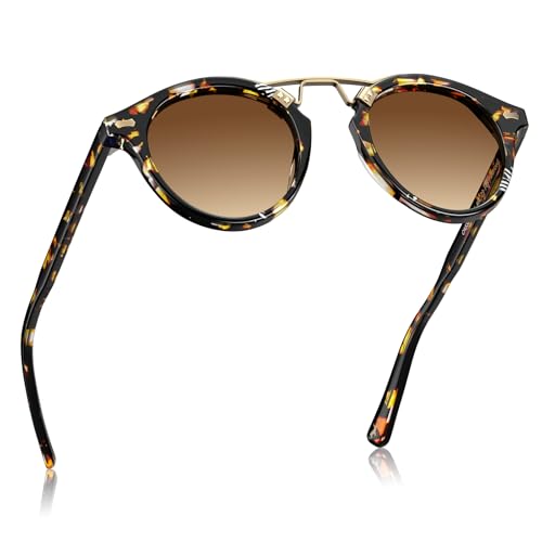 CARFIA Double Bridge Small Acetate Sunglasses for Women Polarized, Retro Metal Brow Ladies Sunnies Fashion Round Eyewears - color: 3. Tortoise Frame Gradient Brown Lens
