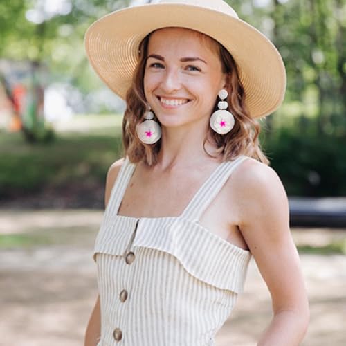 Boho Raffia Ball Earrings for Women, Handmade Statement Drop Earrings Straw Dangle Earrings Beach Vacation Jewelry - color: White flowers