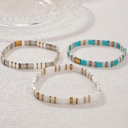 Tila Flat Square Stack Beaded Bracelets Set for Women Men, Boho 3Pcs Romantic Handmade Healing Gold Colorful Stretch Accessories Jewelry, Daily Vacation Party Holiday Friendship Gift - color: White Gray Blue