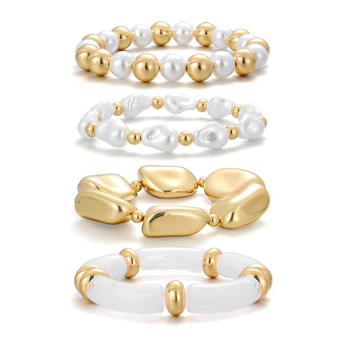 GOOJIDS Simple Beaded Gold Plated Bangles Bracelet Chunky Bamboo Tube Curved Stacking Clear Acrylic Colorful Beads Stretchable Gold Plated Bracelets Set For Women - color: T Chunky Gold Beads Set