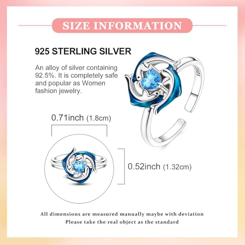 PARCOM Adjustable Women Stackable Ring, 925 Sterling Silver Open Rings - Trendy Eternity Cubic Zirconia Stackable Band Engagement Promise Ring for Her, Hypoallergenic Non Tarnish Nature Bird Floral Thumb Rings - color: Ocean Dolphin