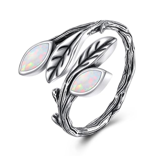POPLYKE Sterling Silver Spoon Ring Vintage Thumb Rings Boho Adjustable Open Ring Statement Jewelry Gifts for Women - style: A-Opal Leaf