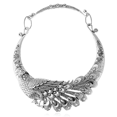 YAZILIND Chunky Bib Necklace Peacock Bohemian Women's Vintage Silver Plated Ethnic Clavicle Collar Jewelry