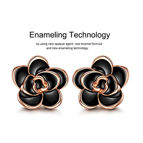 AllenCOCO Rose Flower Stud Earrings for Women Sensitive Ears, Hypoallergenic Cute Gold And Silver Rose Flower Earrings Studs for Women Nickel Free - color: Black flower/Rose gold, size: 0.47
