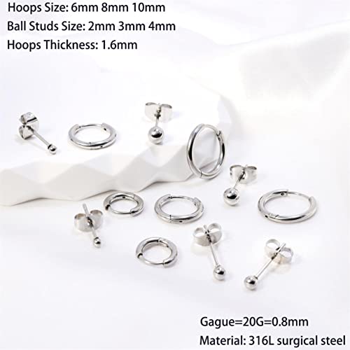 Dainty 6 Pairs Surgical Steel Earrings Sets for Multiple Piercing, Lightweight 14K Gold Plated Small Huggie Hoop Earrings, Flat Back Tiny Ball CZ Stud Earrings for Cartilage, Helix, Lobe, Hypoallergenic - style: Silver- Huggie Hoops and Ball Studs