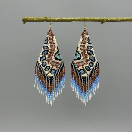 Handmade Seed Beaded Earrings, Lightweight Boho Fringe Dangle Earrings, Glass Bead Drop Jewelry for Everyday Wear & Party, Women Gifts - color: Feather-Brown