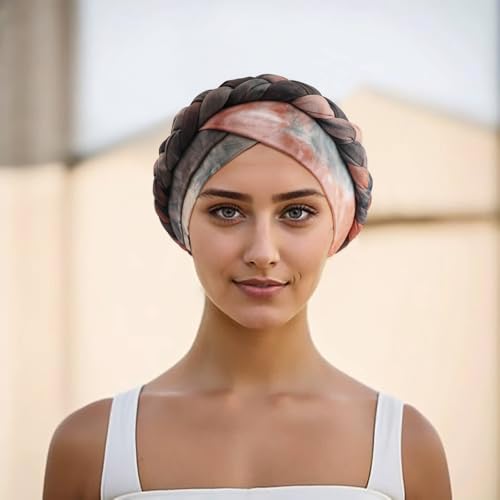 DRESHOW Turban Pre-Tied Twisted Hat Thread African Head Wraps for Black Women Chemo Cancer Cap Braid Hair Cover - color: 1 Pack Tie-dye Gradient: Khaki