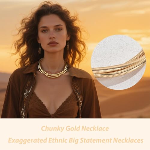 Chunky Chain Necklaces Women Statement Collar Necklace Gold Flat Snake Chain Choker Ribbed Design for Party, Dress Jewelry Gifts - color: A14