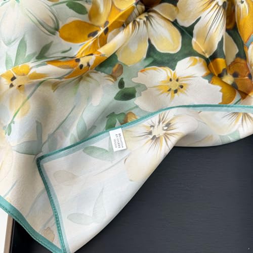 MEISEE 100% Pure Mulberry Silk Scarf 21" Square Scarf Neckerchief Headscarf Breathable Lightweight for Women Gift Packed - color: M3 Yellow Green Flower