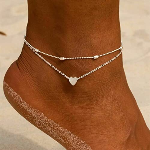 MIDEEO Gold/Silver Ankle Bracelets for Women,14K Gold Anklets for Women Waterproof Cuban Link Heart Beads Herringbone Rhinestone Anklets Set Layered Anklet Bracelets for Women Gold Jewelry Gift - style: 2 Layers Anklet C-SL