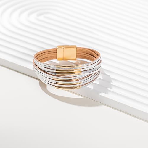 FANCY SHINY Boho Leather Bangle Bracelets Stackable Noodle Tube Bracelets Layered Wrap Cuff Bracelets with Magnetic Clasp - color: Silver