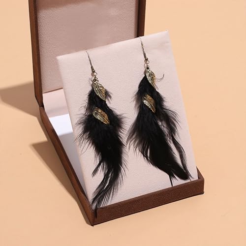 Feather Earrings for Women Bohemian Fringe Tassel Long Drop Dangle Earrings Lightweight Boho Statement earrings - color: black