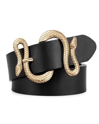 Women Leather Belt with Snake Buckle Fashion Women Belt for Jeans Pants Dresses - color: D-black, size: Fit Size 41"-45"