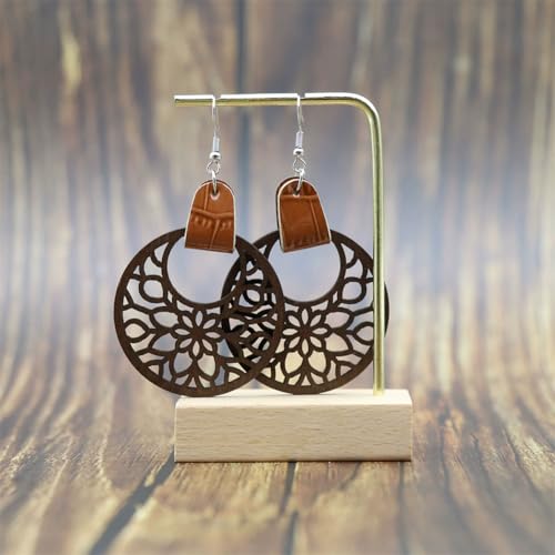 Handmade 70s 80s Retro Leather Round Hollow Wooden Flower Dangle Drop Earring Unique Lightweight Flower Hook Earrings For Women