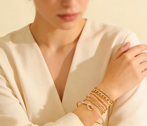 Alegend Titanium Steel (Not Rust, Resist Corruption, Easily Clean) 18K Gold Plated Single Bracelets + 14K Gold Plated Stackable Multilayer Bracelets - style: 14K Gold Plated Six-Layered