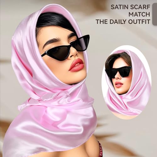 Head Scarf for Women Hair - 2 Pack 35" Square Satin Scarf, Silk Hair Scarf for Women Head Wrap for Sleeping - color: Black & Pink