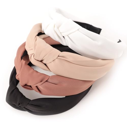 DRESHOW Knotted Headbands, Women Non Slip Fashion Headbands, Solid Boho Wide Top Knot Hair Hoops, 4 Pcs Set, for Women Girls Hairbands Hair Accessories - color: 4 Pcs: Black, Khaki, Coffee, White