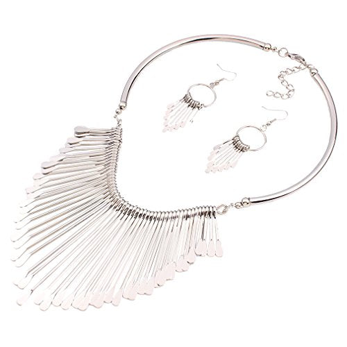 YAZILIND Women Ethnic Style Tassel Drop Pendant False Collar Statement Necklace Earrings Set - color: Silver