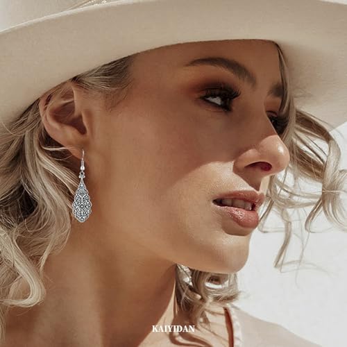 Silver Dangle Earrings For Women Trendy,Boho Cute Drop Western Earings,Vintage Gothic Ethnic Statement Beach Vacation Long Earrings with Leaf Teardrop Turquoise Crystal Tassels,Fashion Jewelry Birthday Gift. - color: A12) Retro Floral Carved Dangle