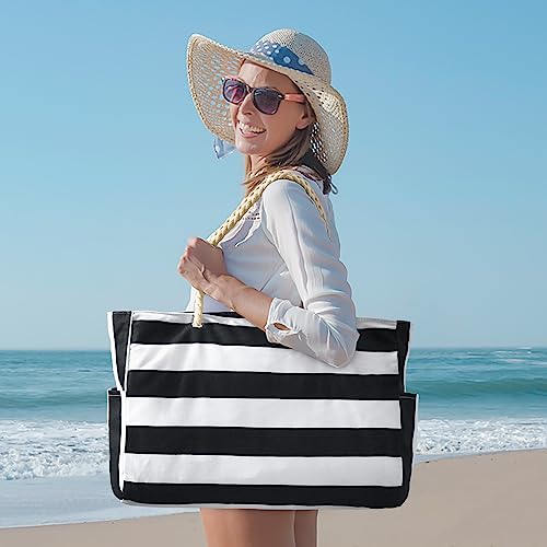 Becokan Beach Bag Large Beach Tote Bag for Women Waterproof Sandproof Swim Pool Bag With Zipper - color: Black
