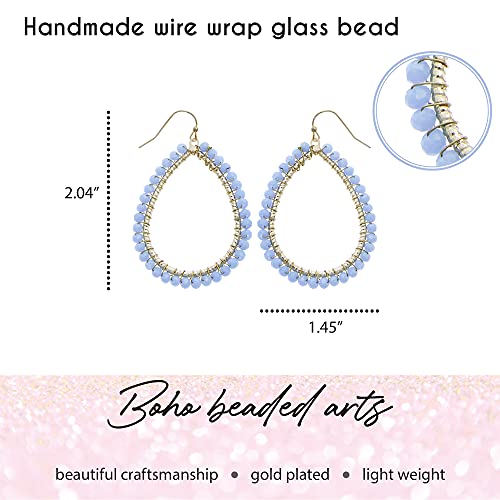 Bohemian Boho Teardrop Dangle Drop Earrings for Women – Delicate - Handcrafted Wire Wrapped Colorful Faceted Glass Beads – Gold Plated – with Gift Box Included - color: Lt Sapphire Blue