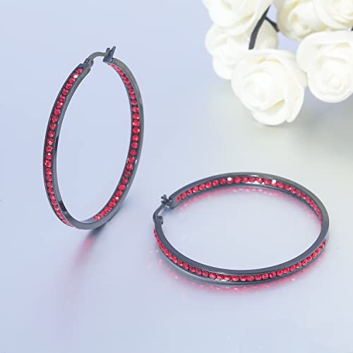 CiNily Mult-colors Crystal Stainless Steel Hoop Earring for Women Hypoallergenic Jewelry for Sensitive Ears Large Big Hoop Earrings 2" - color: Black Gold-Red