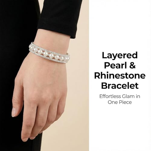 Pearl Rhinestone Stretch Cuff Bracelet for Women Adjustable | Perfect for vintage weddings parties vacations and everyday wear - color: Silver