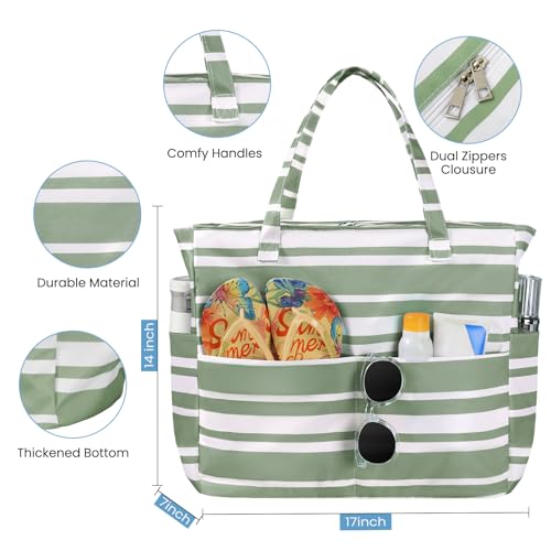 Trifabricy Beach Bags for Women Waterproof Sandproof Women Tote Bag, Large Beach Bag with Zipper for Gym Travel Vocation - color: Green