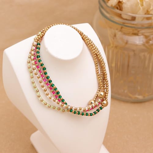 Gold Beaded Stackable Friendship Bracelets Set for Women, Handmade Boho Stretch Summer Jewelry Gift. - color: gold green fuchsia white