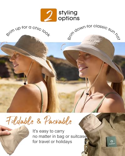 FURTALK Sun Hats for Women Wide Brim Ponytail Beach Sun Protection Hat with Fold-Up Brim Bucket Hat - color: Light Khaki